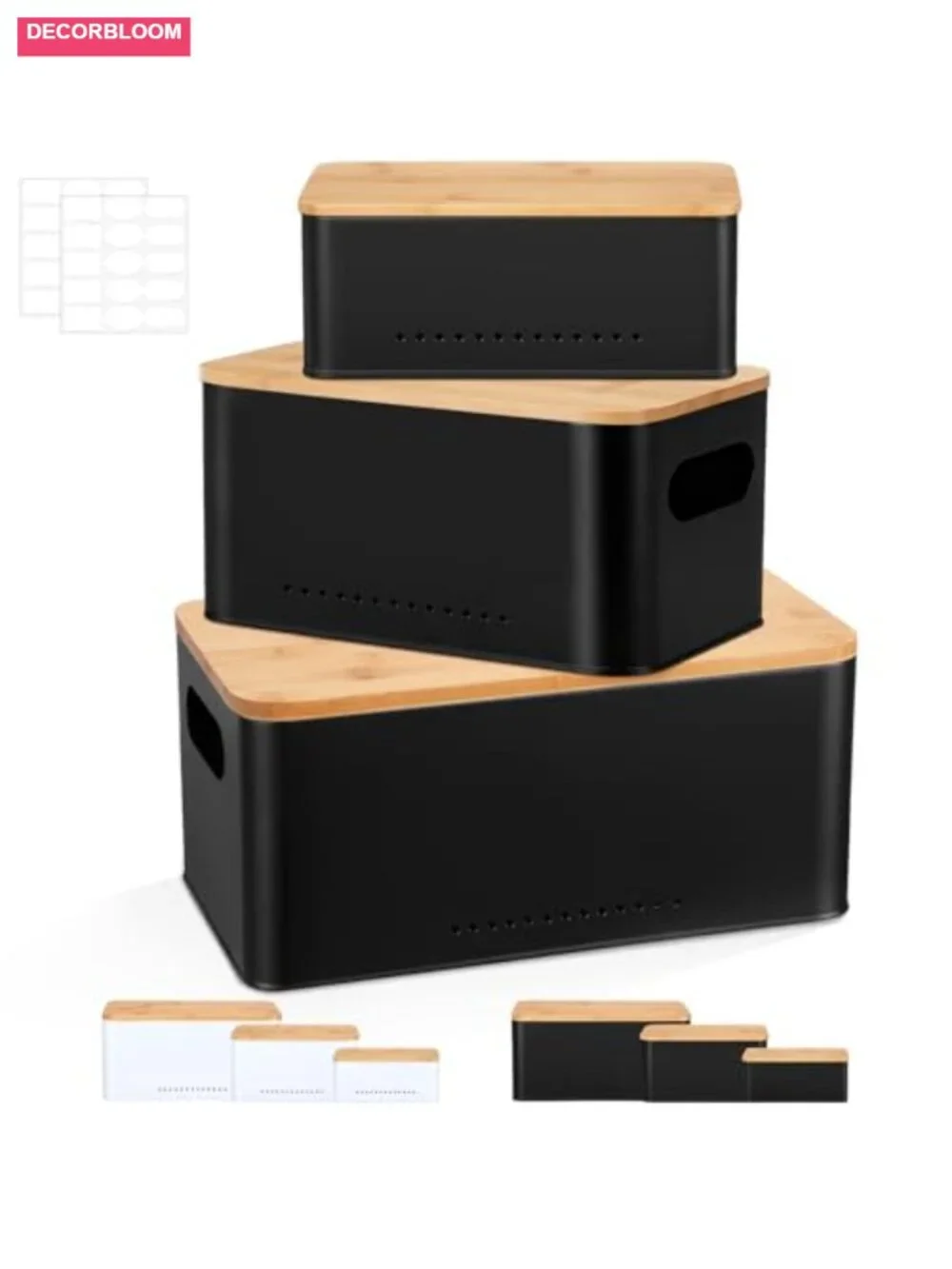 3 Pc Metal Storage Bins with Bamboo Lids Nesting Farmhouse Organizer Countertop